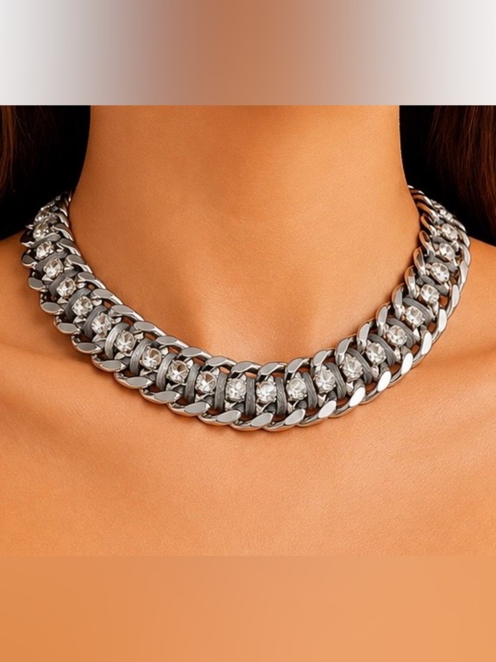 Wide Silver Tone Woven Cuban Chain Rhinestone Choker Statement Necklace